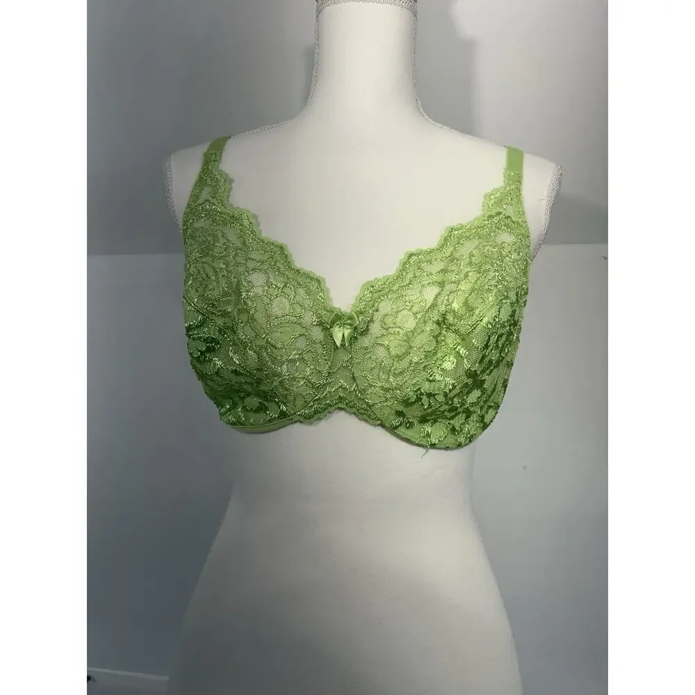 Vintage Victoria Secret Gold Label Lace Bra Underwire 34DD‎ Bright Apple Green